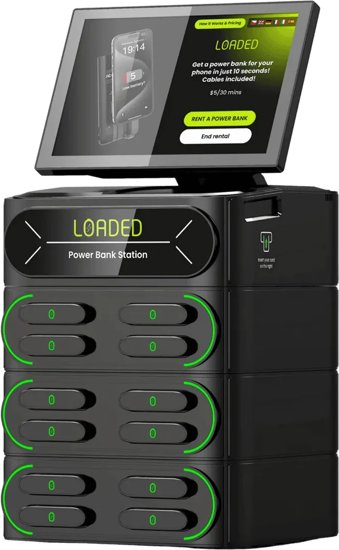 Loaded-barmodel met 12 powerbanks en scherm